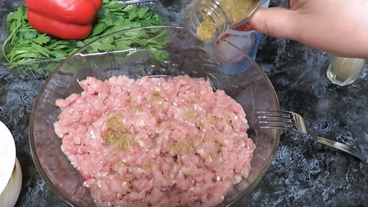 Minced meat, salt, pepper, add spices.