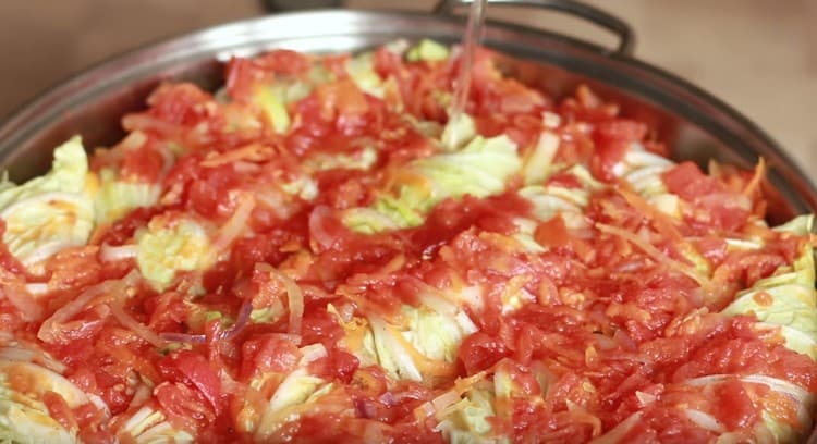 pour the remaining vegetable sauce on top of the cabbage rolls, add a little water.