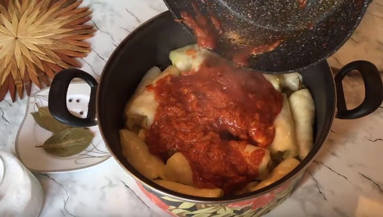 Repollo relleno en una cacerola vierta la salsa de tomate.