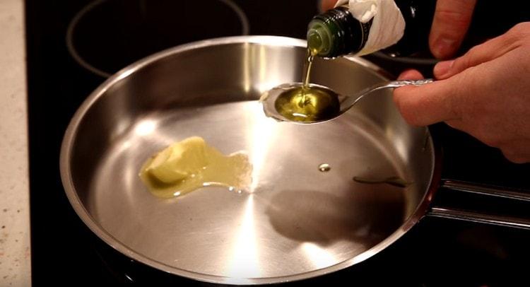 Pour olive oil into the pan and add the cream.