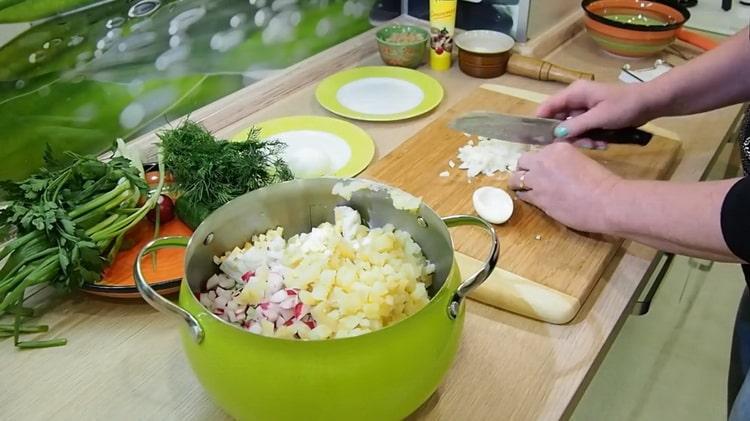 To cook okroshka, chop eggs