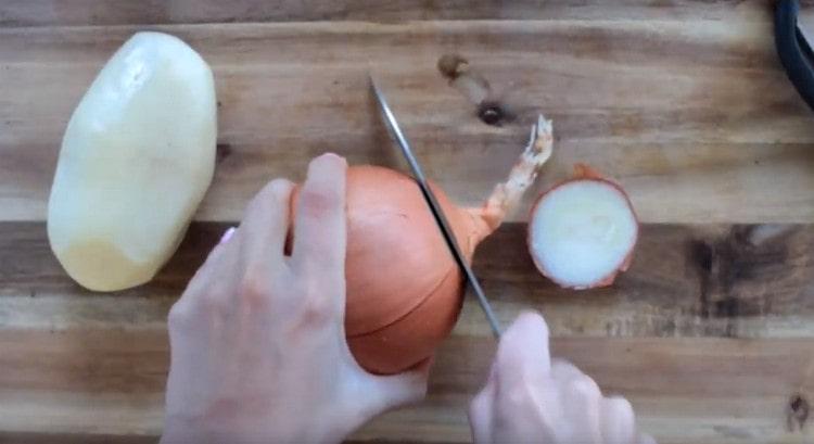 Peel potatoes and onions.