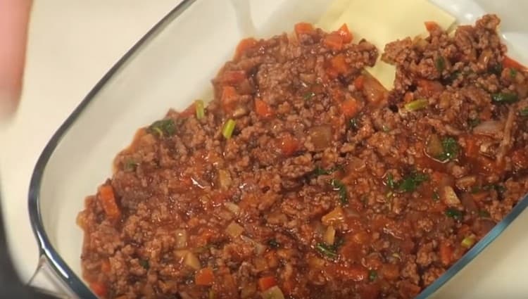 We cover the sheets of lasagna with bolognese sauce.