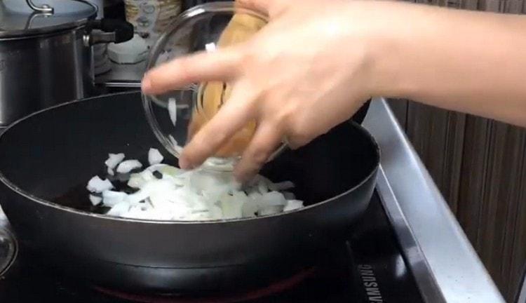 Faire frire les oignons dans une poêle.