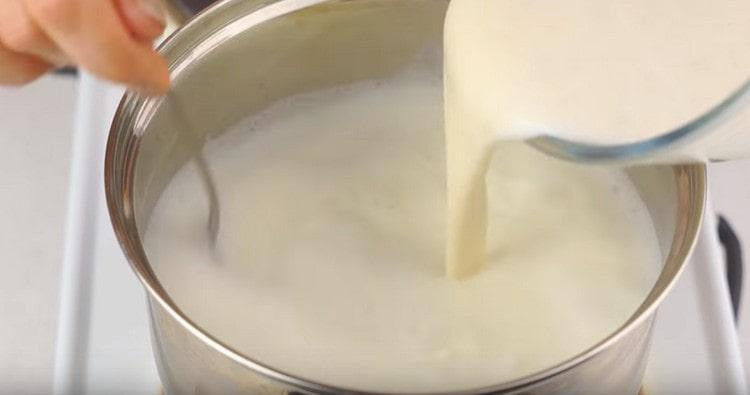 Pour the liquid base into boiling milk.
