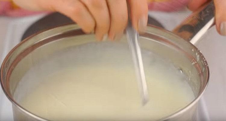 Cook semolina until boiling, stirring constantly.