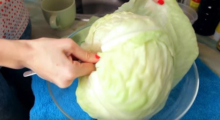 Remove the steamed cabbage leaves.