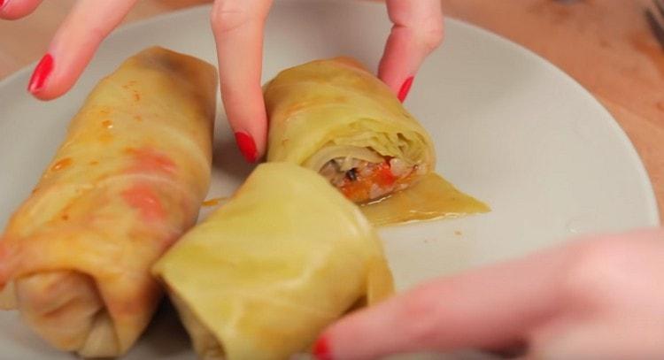 Appetizing cabbage rolls from vegetables are ready.