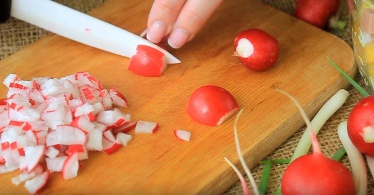 We also cut the radish into a cube.