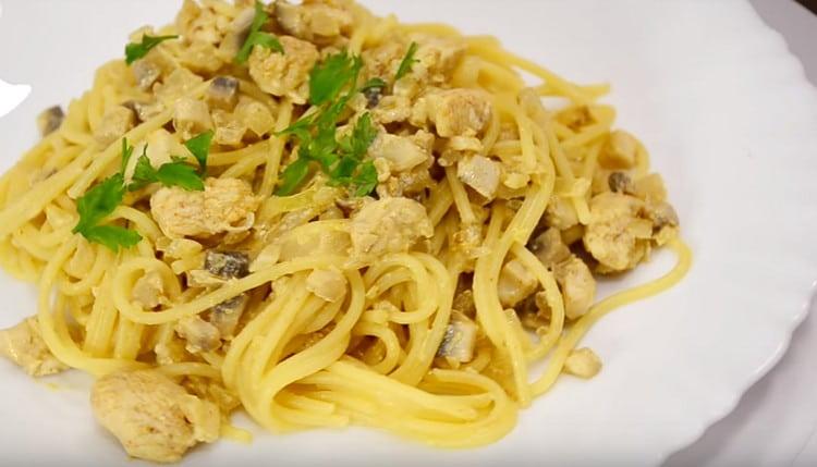 This original mushroom pasta will delight you with a pleasant taste due to nuts.
