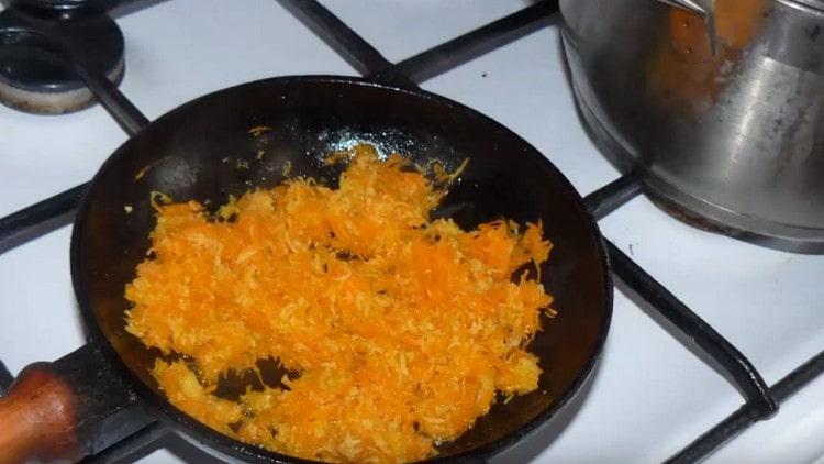 Fry parsnips and carrots in a pan until soft.