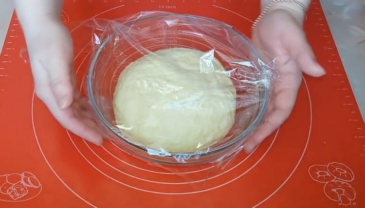 mettre la pâte dans un bol, couvrir d'un film alimentaire et mettre au chaud.
