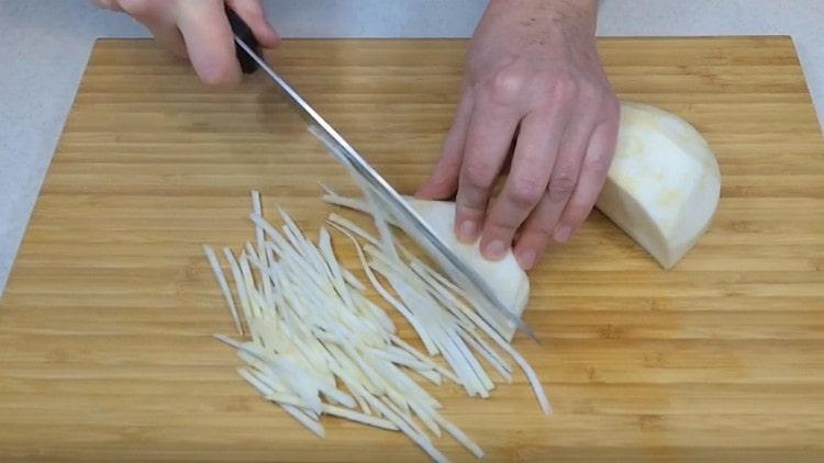 cut the celery root with the same thin strips.