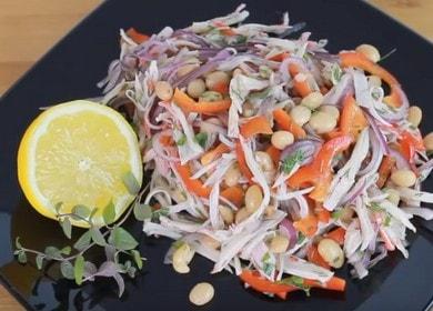 We prepare an original salad with beans and crab sticks according to a step-by-step recipe with a photo.