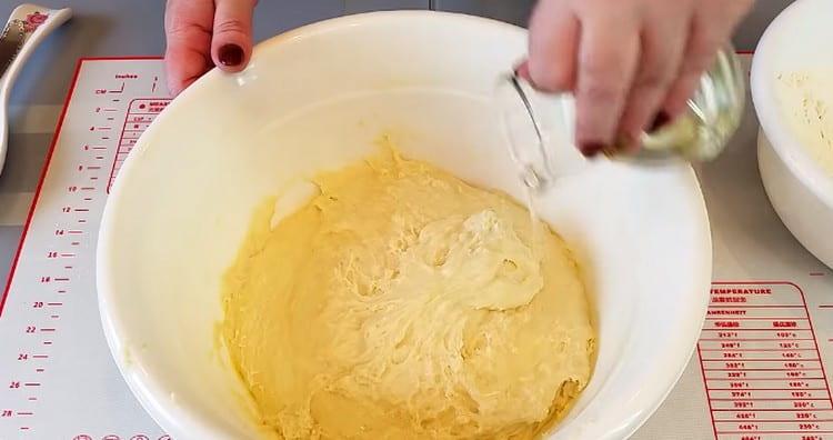 Add vegetable oil to the dough.