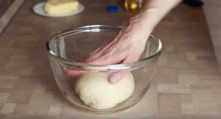 We put the finished dough into a bowl greased with vegetable oil.