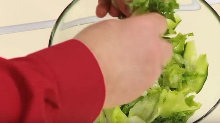 Salat rive bare med hænderne og spredes i en skål i en agurk.