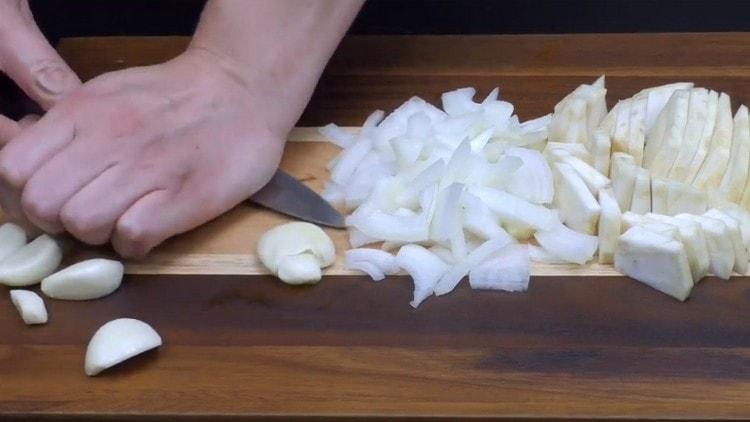 Garlic just crush the flat side of the knife.