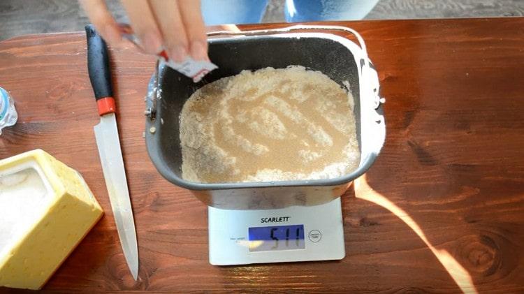 Vierta levadura de alta velocidad sobre la harina y encienda el programa apropiado en la máquina de pan.