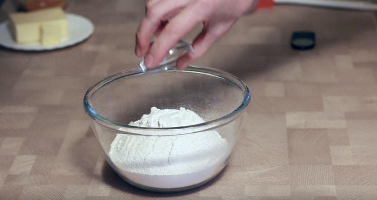 Add baking powder, sugar, salt to flour.