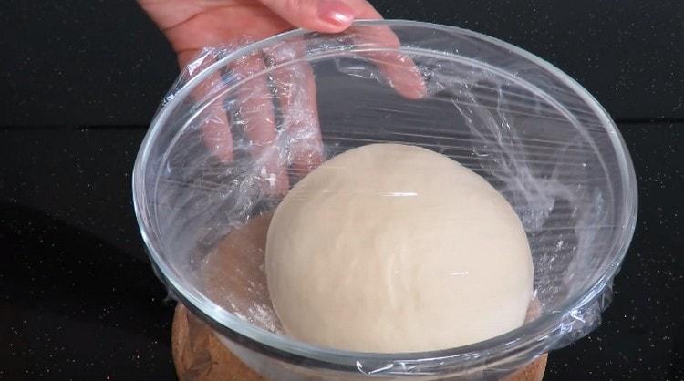 Nous serrons le bol avec la pâte avec du papier d'aluminium et le fixons au repos pendant une demi-heure.