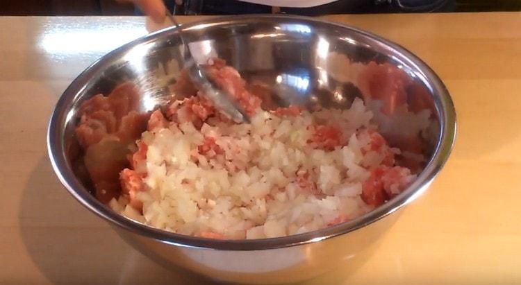 Add onion to the minced meat.