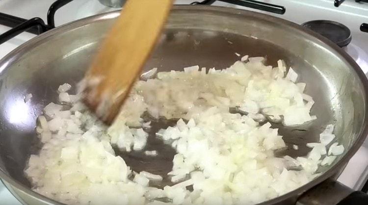 finely chop the onion and fry in a pan.