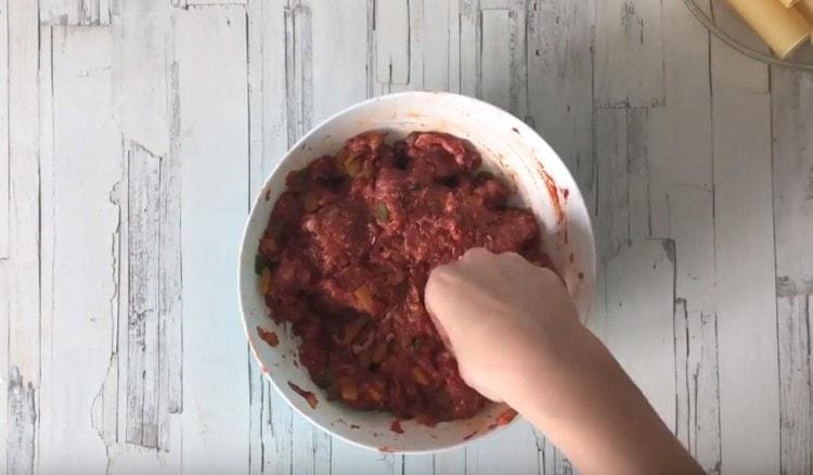 Nous modifions la viande hachée jusqu'à obtenir une consistance lisse.