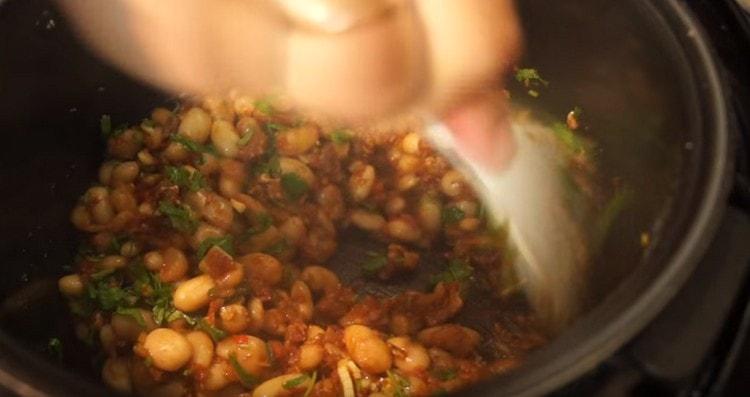Add cilantro with garlic to an almost ready dish.