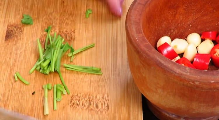 Finely cut the cilantro stalks.