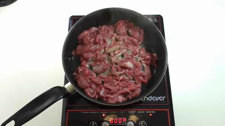 To cook beef stroganoff, fry the meat