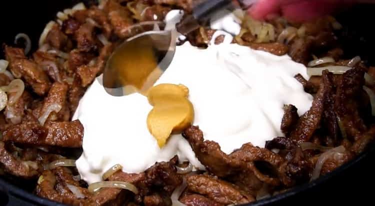 To cook beef stroganoff, add sour cream