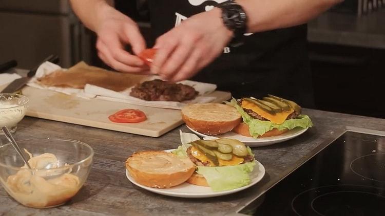 Lay out the ingredients for a burger.