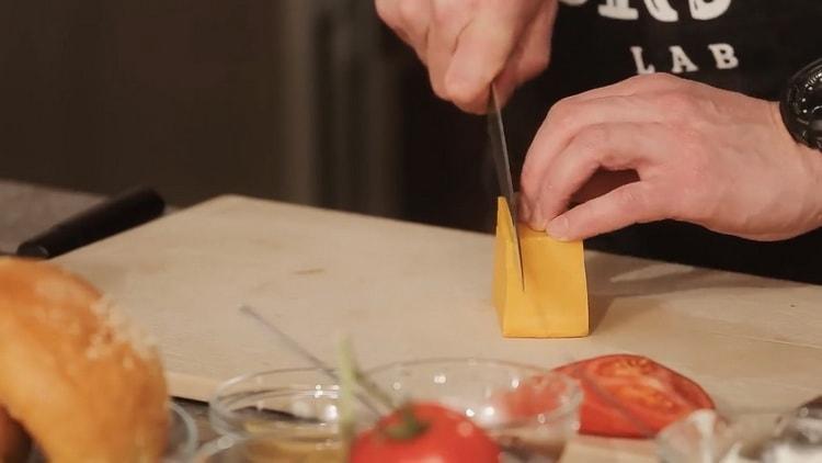To make a burger, chop the cheese