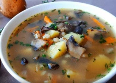 Preparamos fragante sopa de champiñones con cebada perlada de acuerdo con una receta paso a paso con una foto.