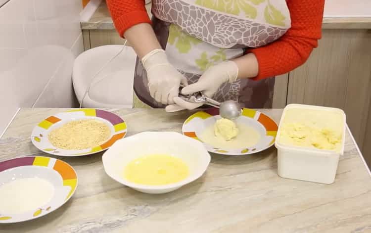 To prepare fried ice cream, lay the ice cream in breading