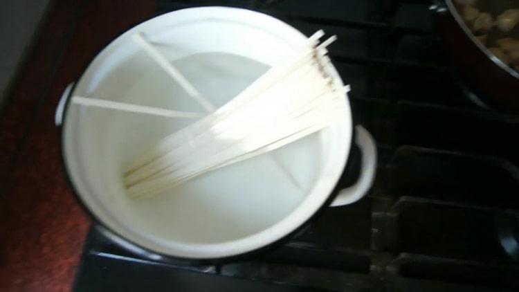 To make udon noodles, boil the noodles