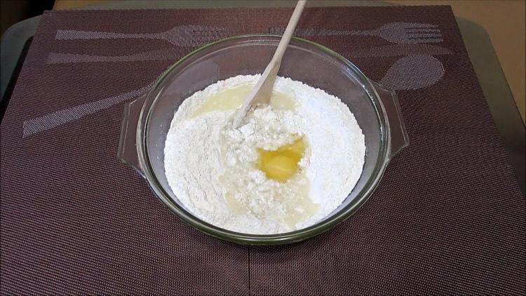 Add eggs to make a whey dough.