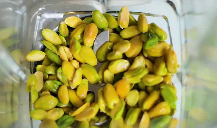To make pistachio ice cream, prepare the nuts