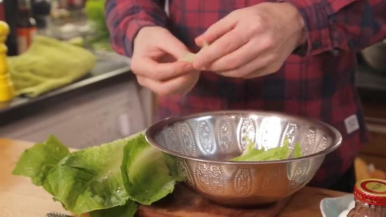 To prepare a salad, prepare lettuce leaves