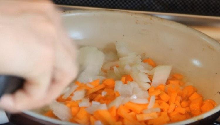 In vegetable oil, fry the onions and carrots.