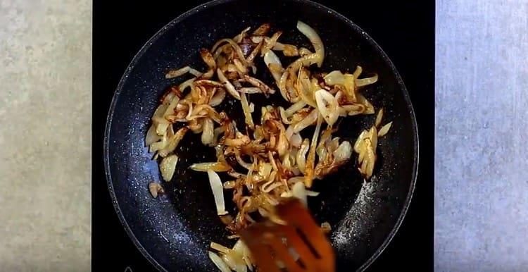 Fry the onion until golden brown.