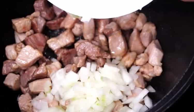 To make buckwheat, fry the onions and meat