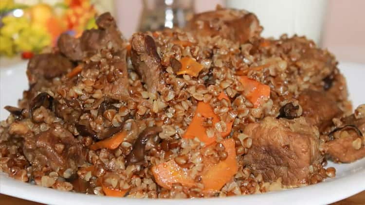 buckwheat with meat in a pan is ready