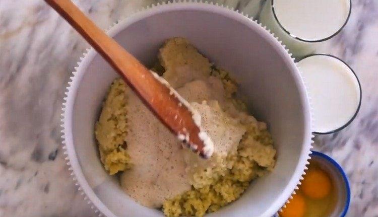 Put porridge and dough in a bowl.