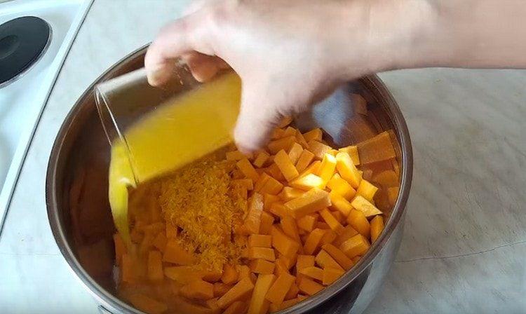 Add orange juice and zest to the pumpkin.