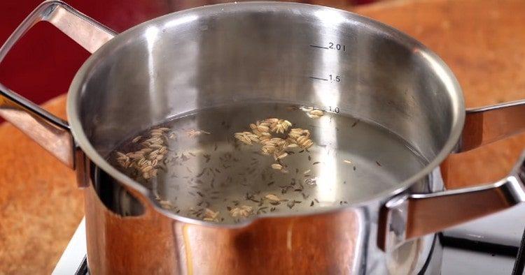 Add fennel seeds, coriander, white pepper to the water.