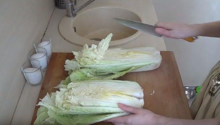 Peking cabbage is cut in half.