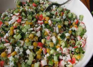 We prepare a delicious salad of crab sticks, corn, eggs and cucumber according to a step-by-step recipe with a photo.