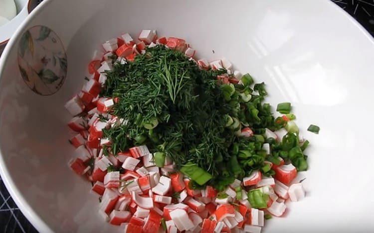 Grind fresh herbs and add to crab sticks.